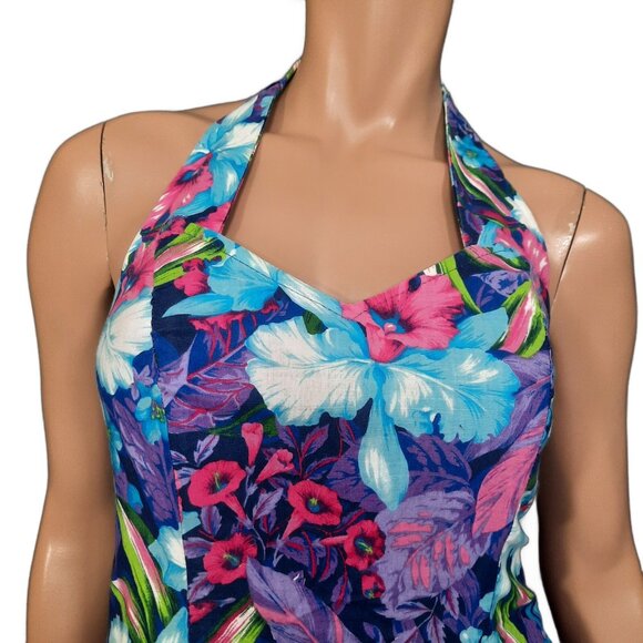 Vintage 80s Floral Swing Dress S Tropical Halter Crinoline Summer Party Prom - Picture 2 of 7